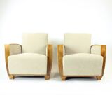 Set Of Two Art Deco Armchairs In Walnut And Fabric, Czechoslovakia 1930s