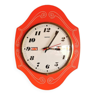 Vintage formica clock silent vertical wall pendulum "Trophy orange"