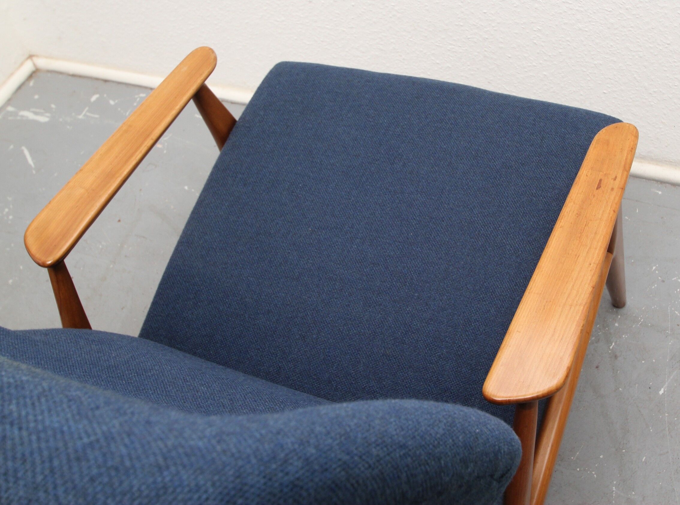 Danish armchair in cherry wood and dark blue fabric