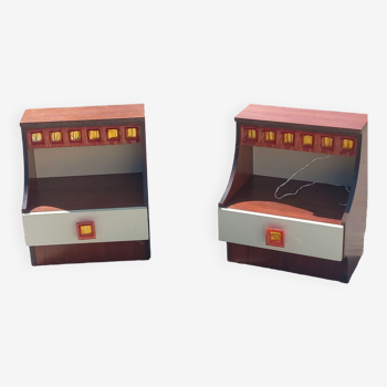 Pair of design bedside tables in orange resin rosewood with white melamine from the 70s