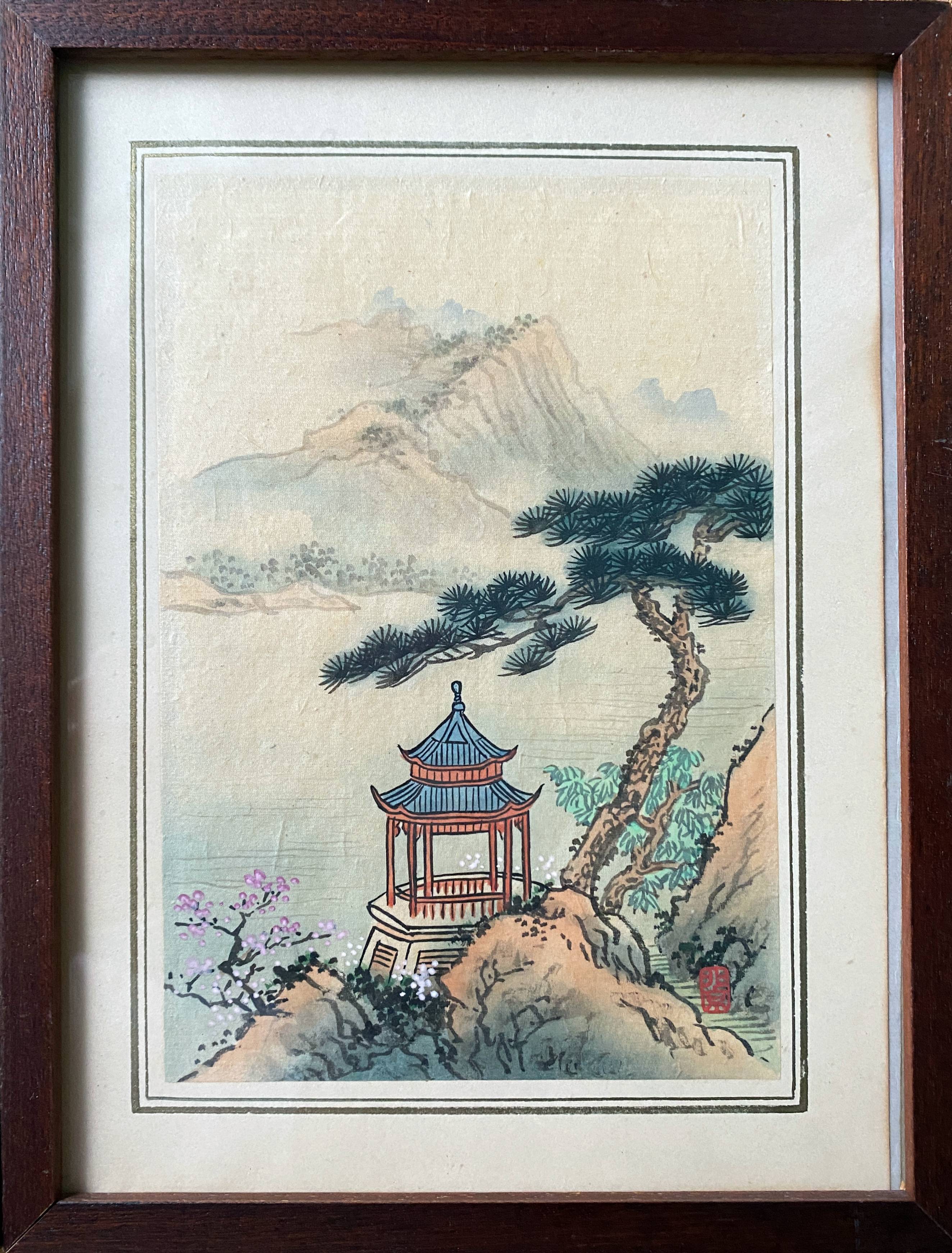 Pendant of ancient Chinese ink paintings "Landscapes and temple" signed