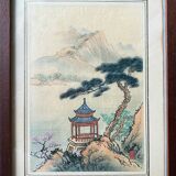 Pendant de tableaux anciens à l'encre de hine "paysages et et temple" signés