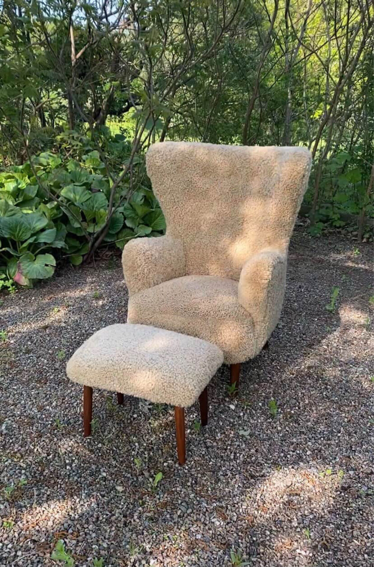 Vintage Wingback Chair & Footstool in sheepskin