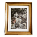 PAINTING ON FABRIC, GILDED FRAME - Young girls at a fountain. (Paris 12th arrondissement)