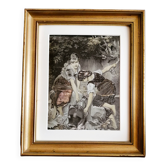 Painting on fabric with a golden frame, "young girls at a fountain"