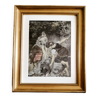 PAINTING ON FABRIC, GILDED FRAME - Young girls at a fountain. (Paris 12th arrondissement)