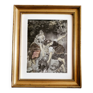 Tableau sur tissu encadrement doré, "jeunes filles à une fontaine"