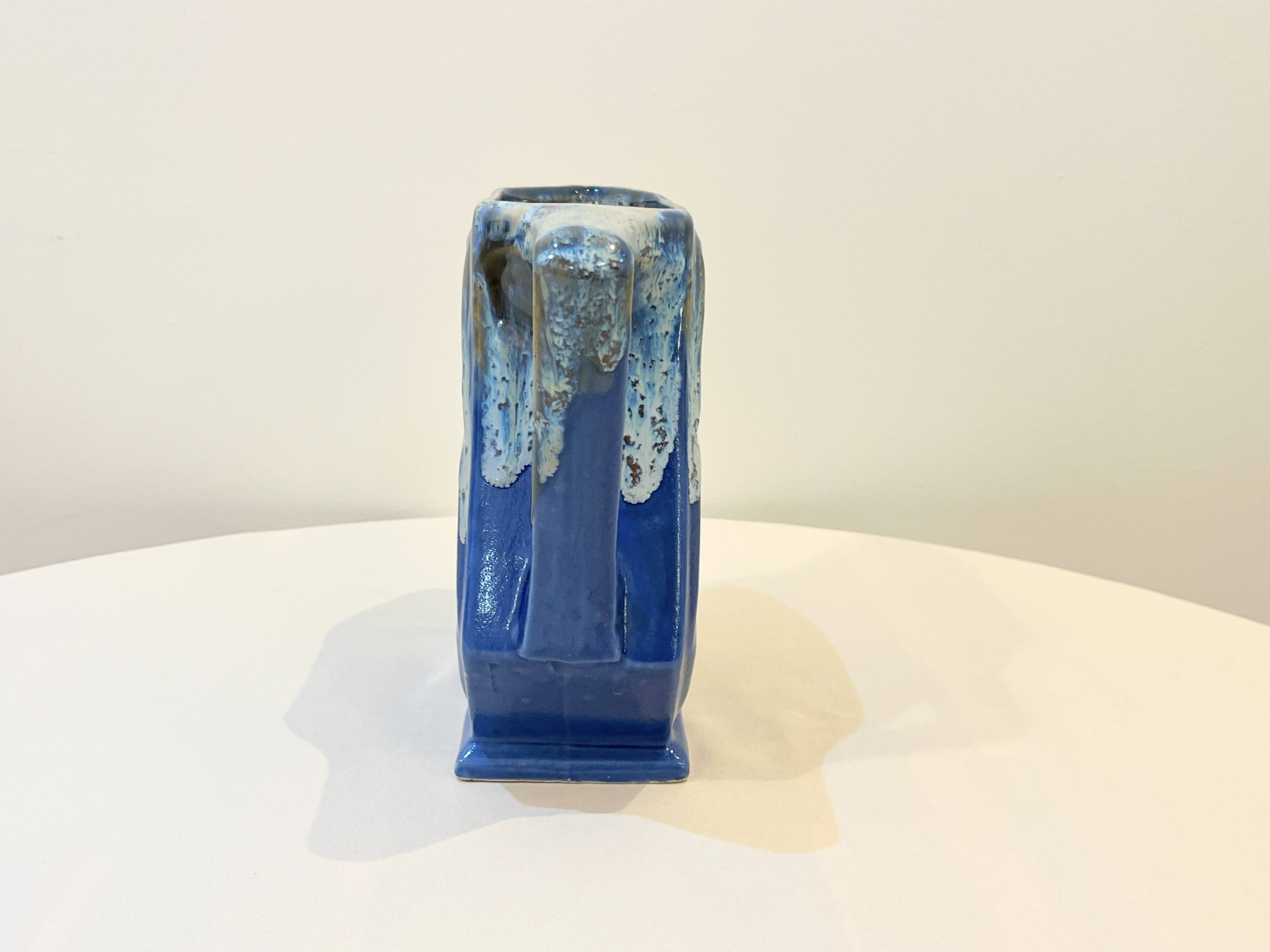 Large vintage art deco pitcher alpho in fat lava blue ceramic vase signed
