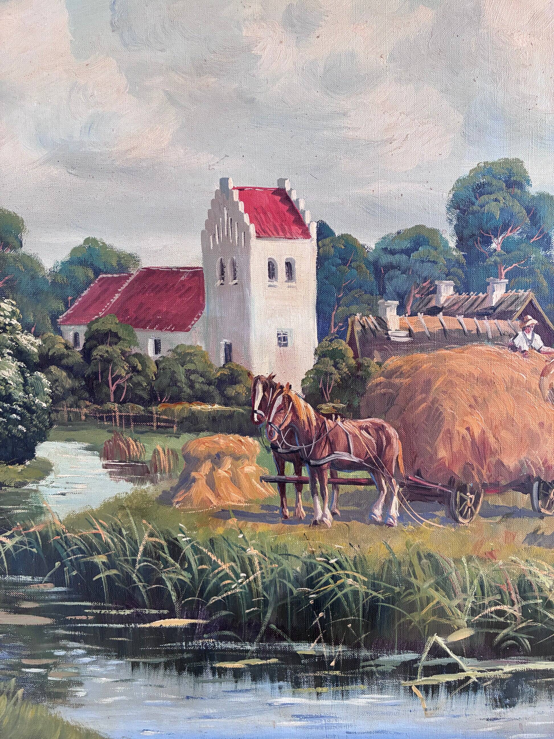 Vintage original large landscape oil painting, signed countryside art