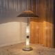 Richard Essig 1960s floor/table lamp with transparent glass body, chrome base, brown rattan shade