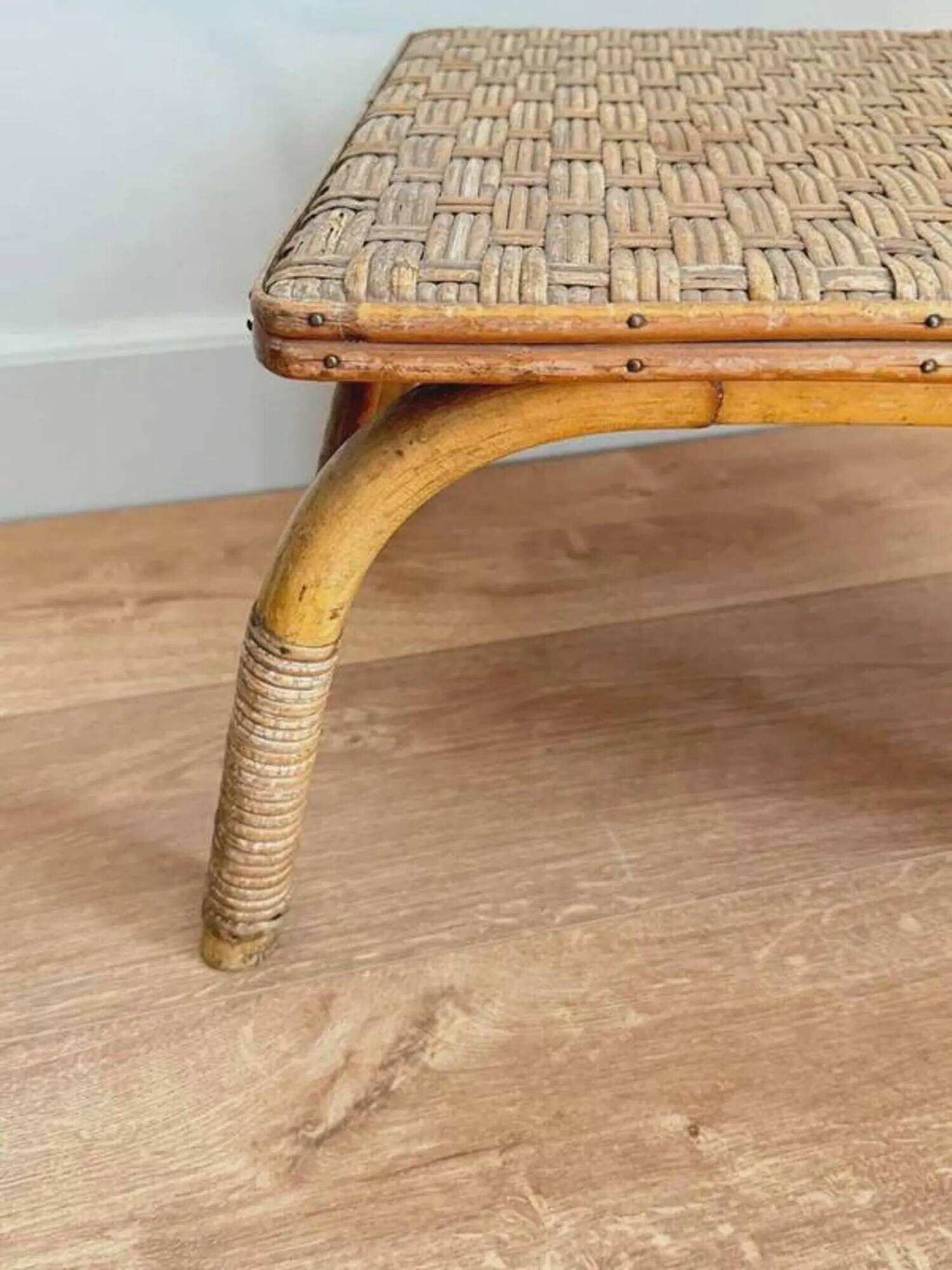 Small vintage 1960 woven rattan side table | Bohemian chic wicker end table, antique bamboo coffee table for the living room.