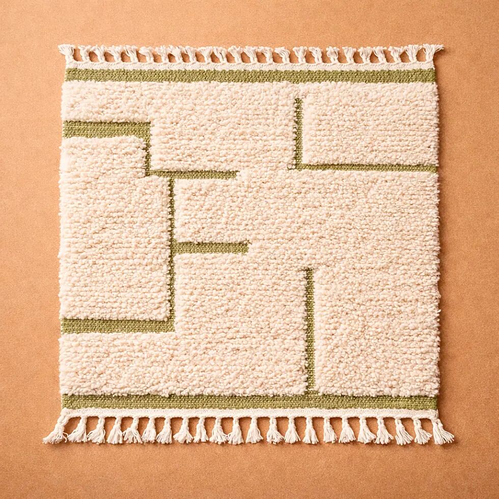 Beige Berber rug with a structured green abstract pattern.