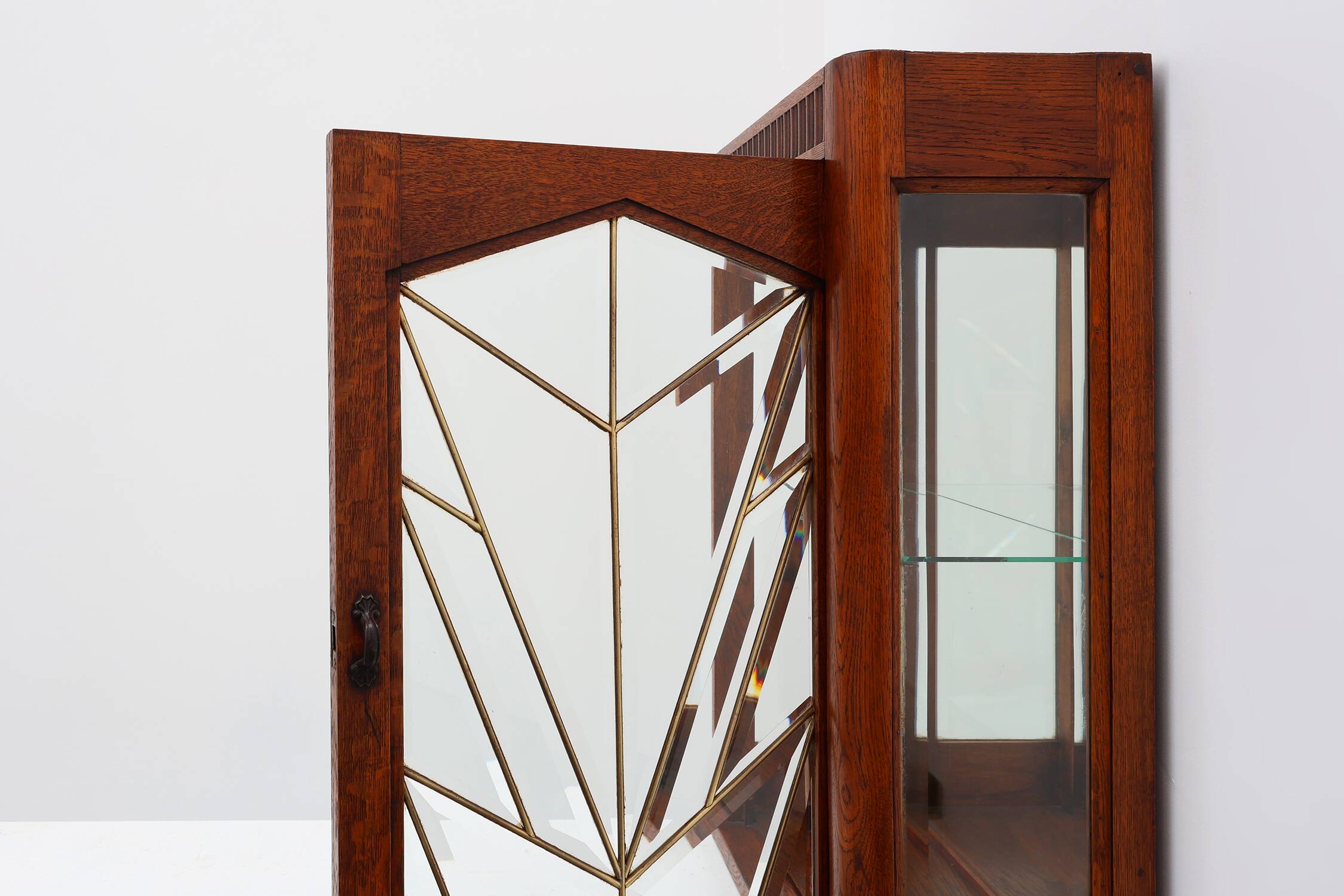 French Art Deco Oak Cabinet with Beveled Leaded Glass, ca. 1920