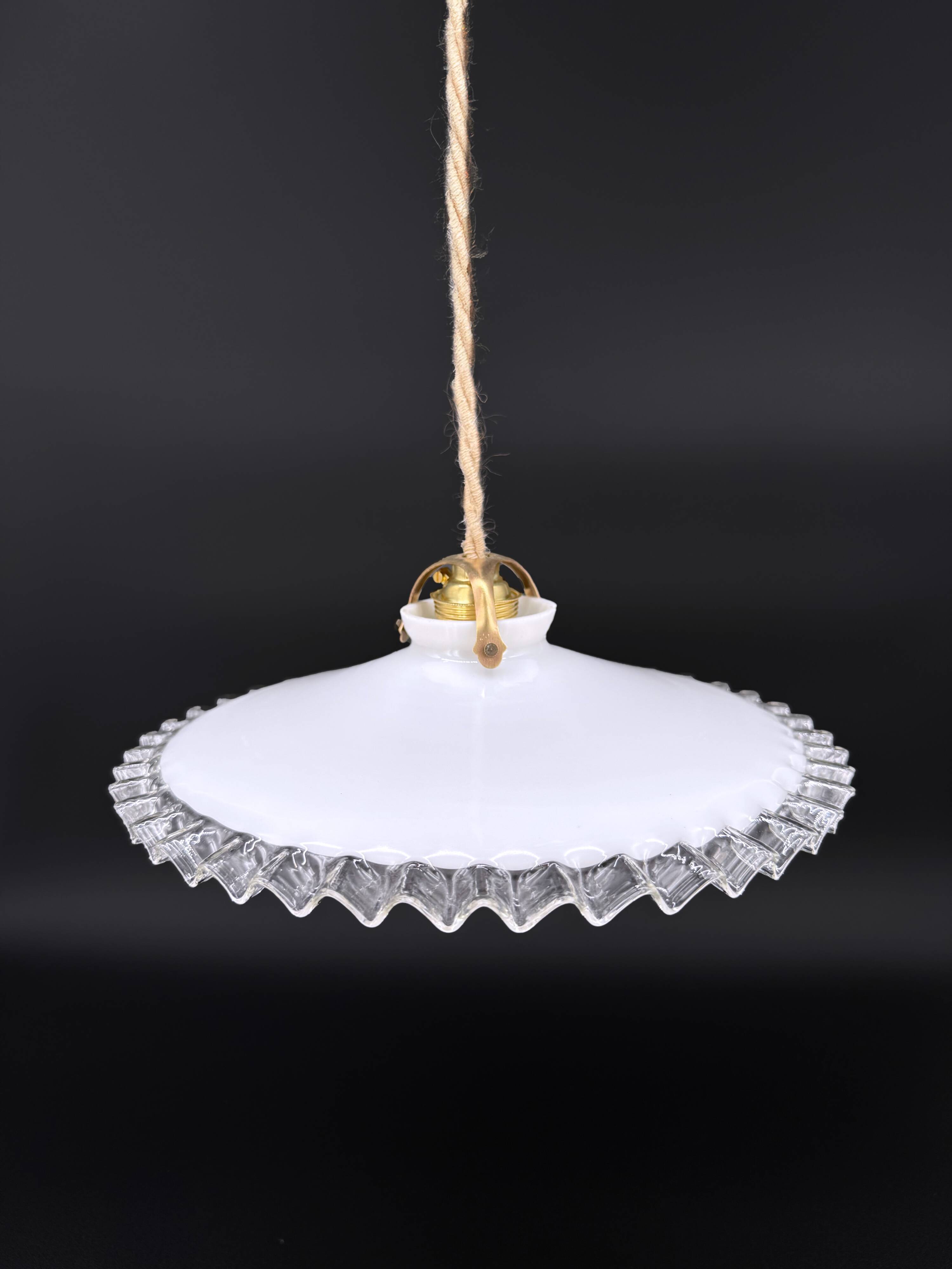 Vintage white opaline pendant light with scalloped edge – raffia and silk cable