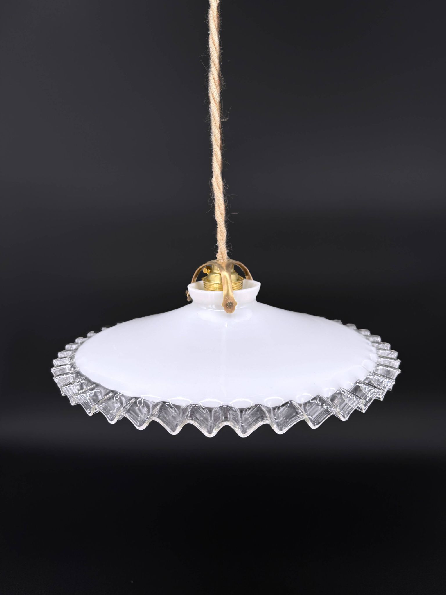 Vintage white opaline pendant light with scalloped edge – raffia and silk cable