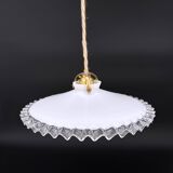 Vintage white opaline pendant light with scalloped edge – raffia and silk cable