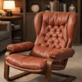 Sculptural Ear-Back Lounge Armchair — Moulded Wood — Deep Button