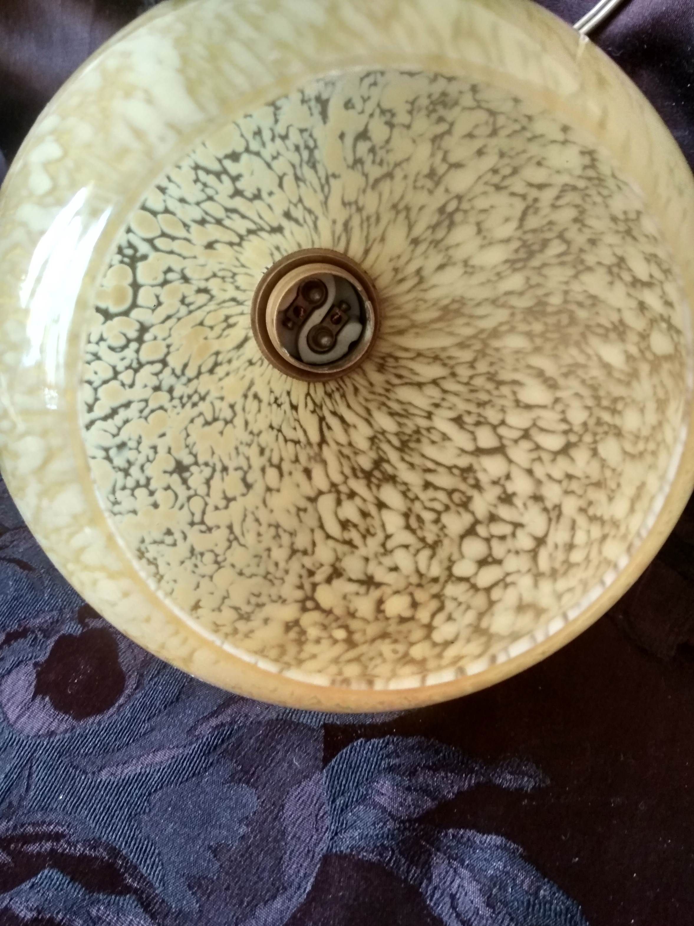 Art deco sconce, golden brass and yellow speckled Clichy glass globe