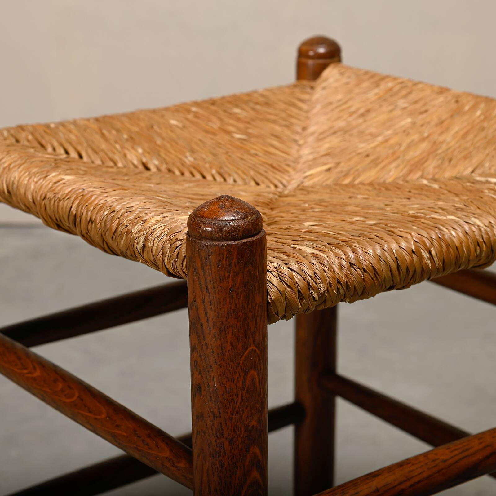 Rustic Armchair and Stool in stained oak and rush, France 1950s