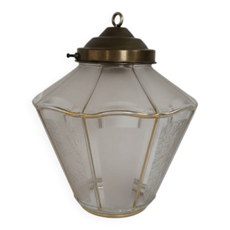 Suspended lantern in moulded glass and brass – 50's vintage light fixture