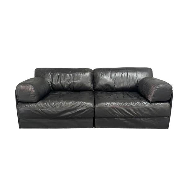 Vintage black leather sofa / daybed, 1970s