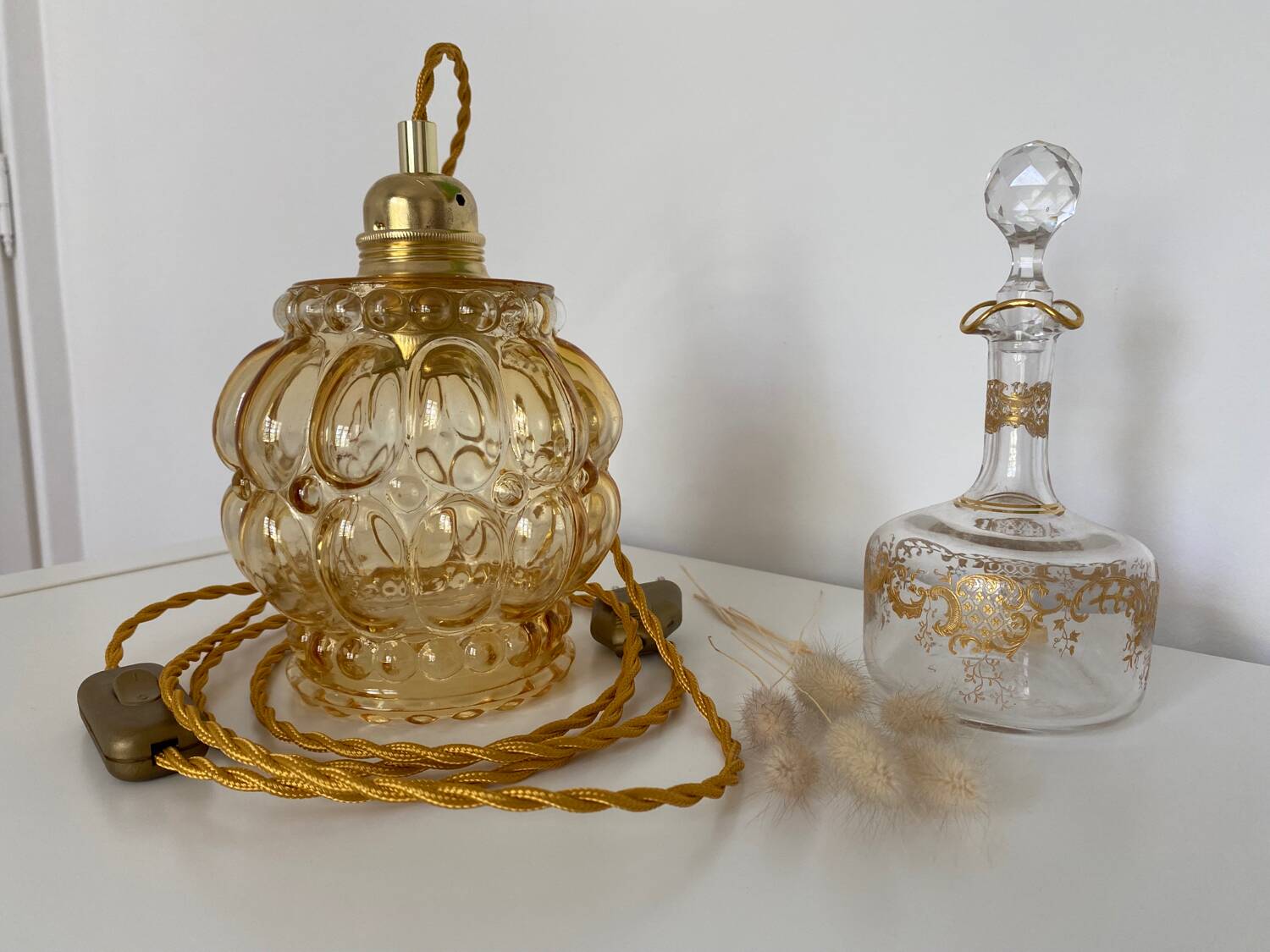 Walking lamp (or pendant light) with vintage amber glass globe