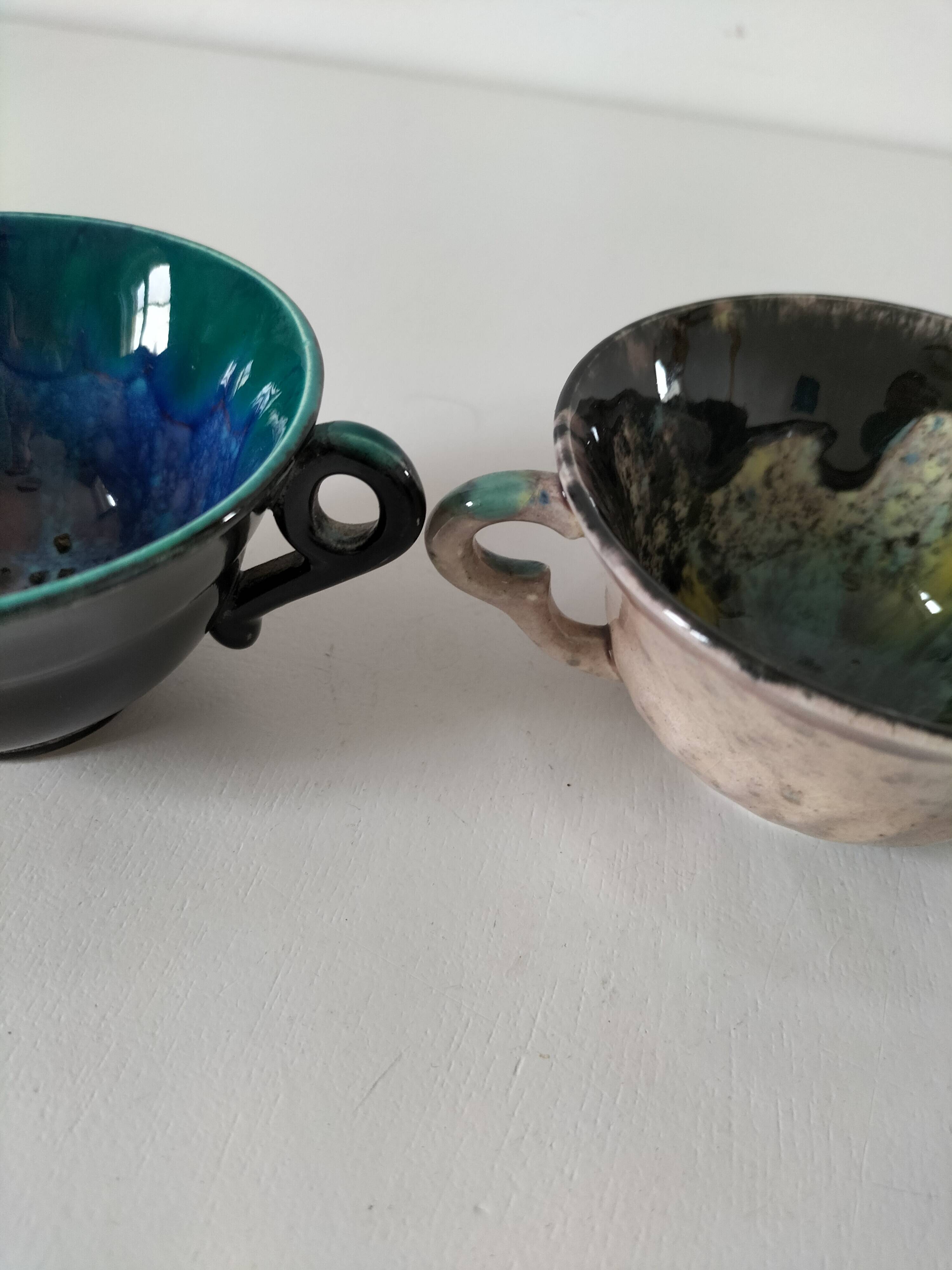 5 tasses Gaubier Morvan grès émaillé flammé multicolore