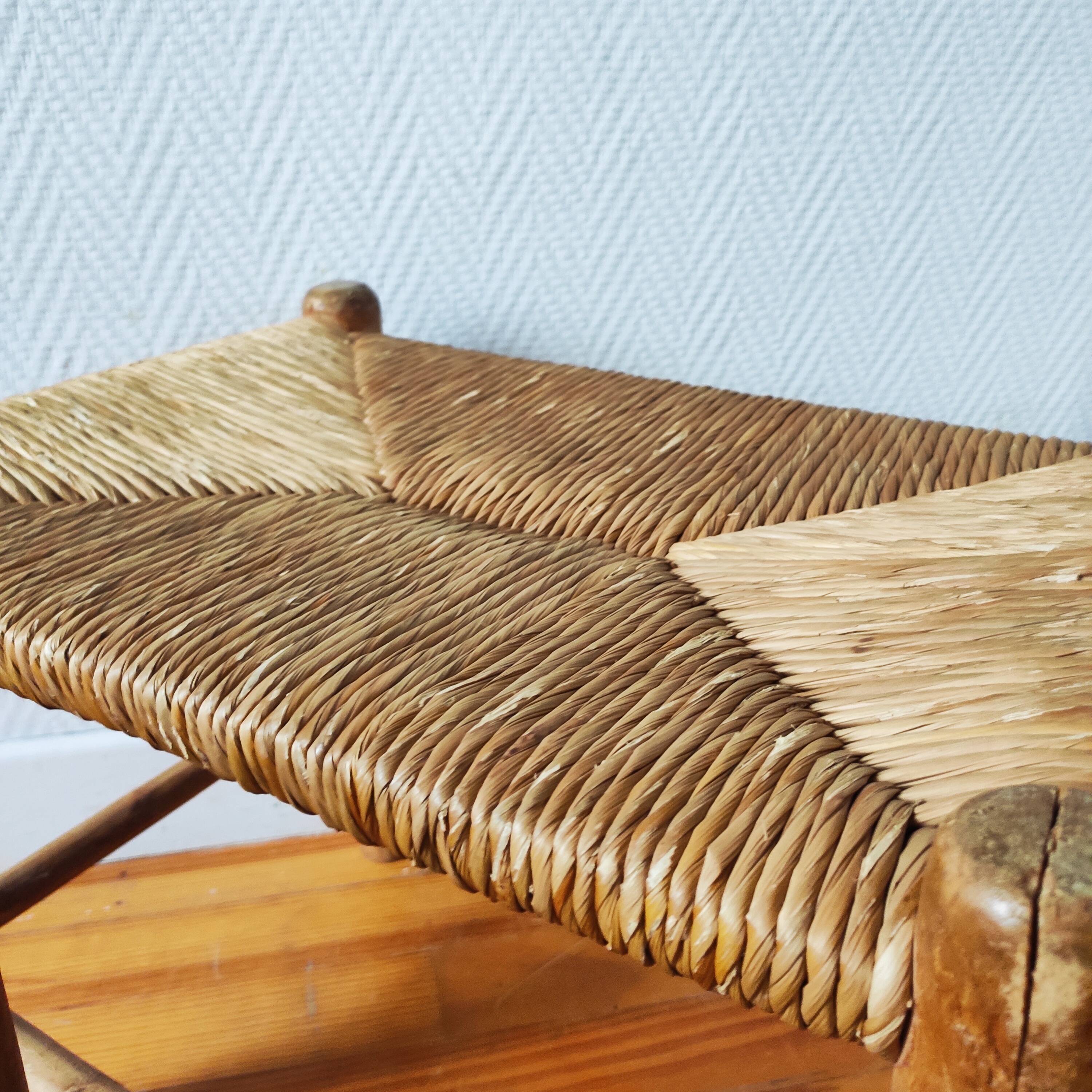 Set of 3 small wooden and straw benches/stools Vintage 60-70s