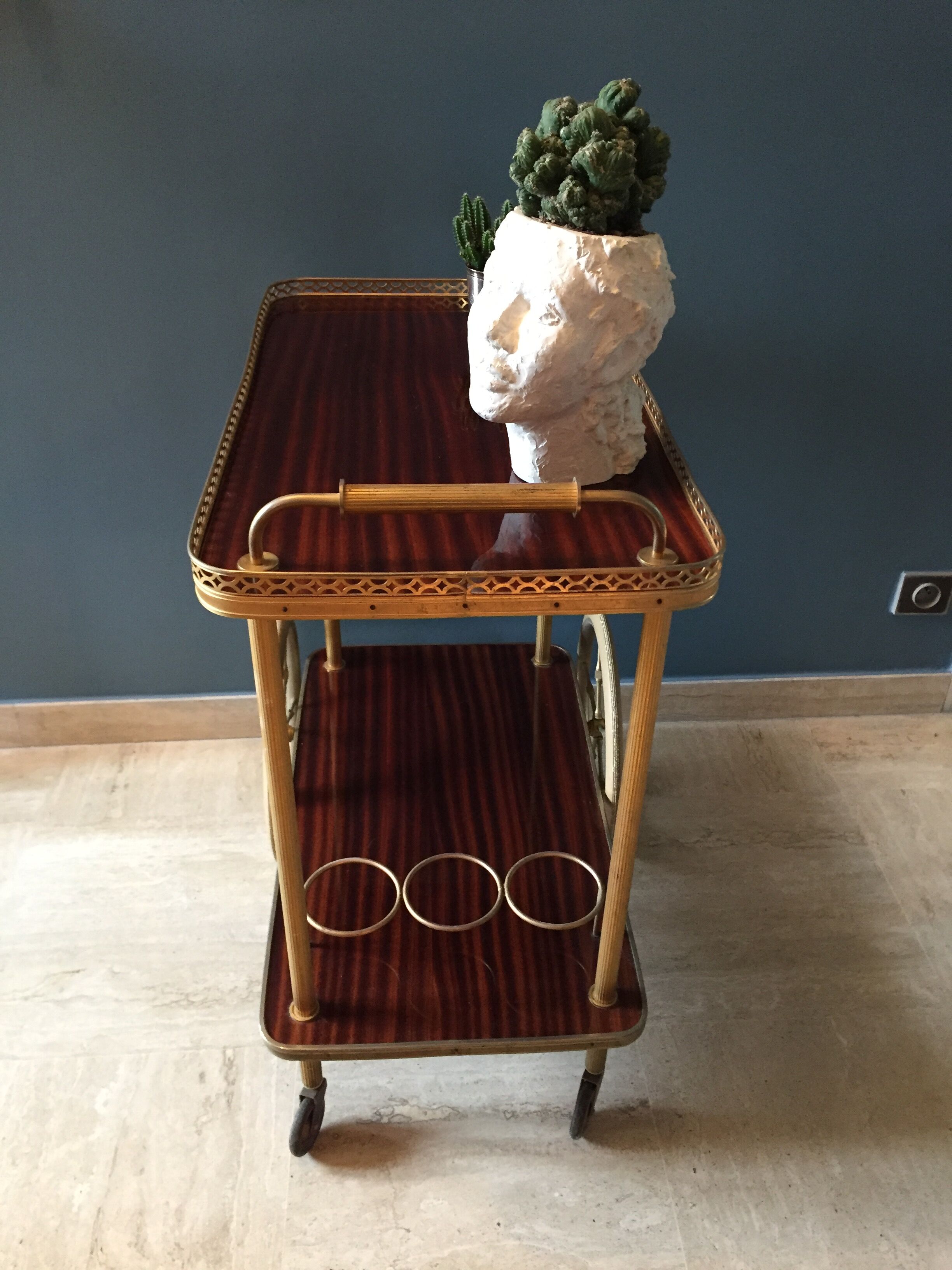 Serving wheels gold metal and wood vintage 1960