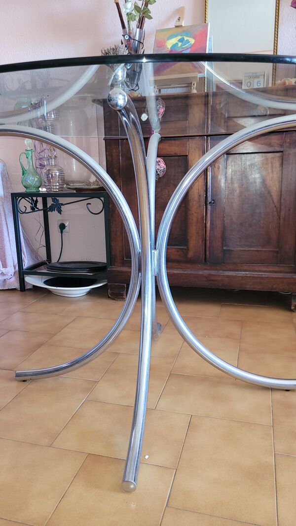 Table ronde vintage en métal et verre