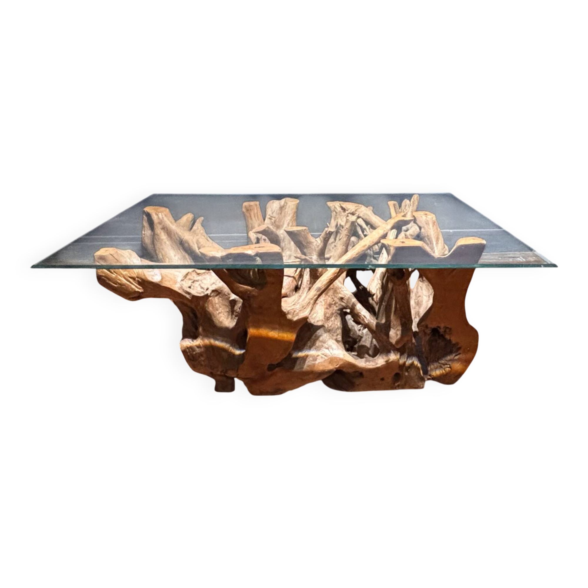 Design coffee table in driftwood and glass – Unique and natural piece