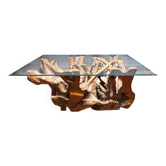 Table basse design en bois flotté et verre – Pièce unique et naturelle
