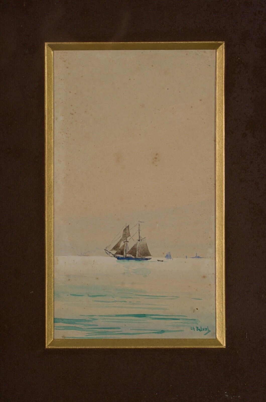 Watercolor on paper by Belval Sailboat 3 masts XXth