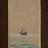 Aquarelle sur papier par Belval Voilier 3 mâts XXe