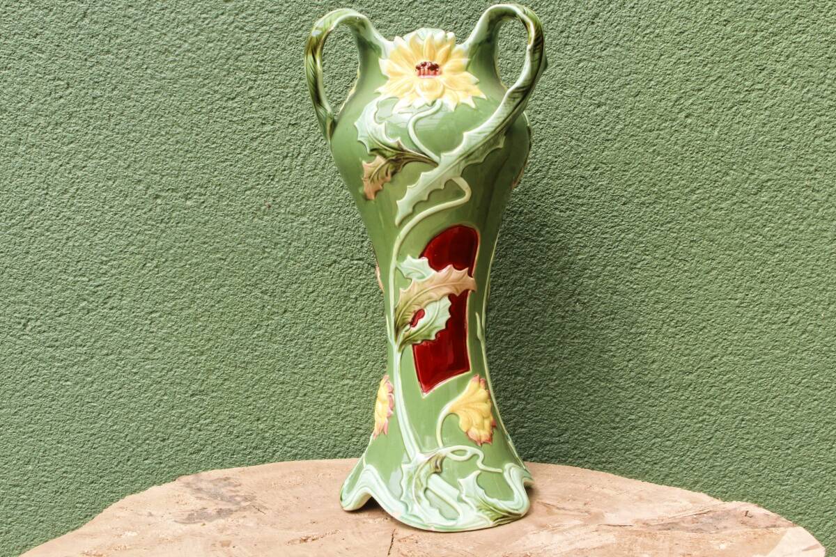 Slip vase, thistle motif, Art Nouveau