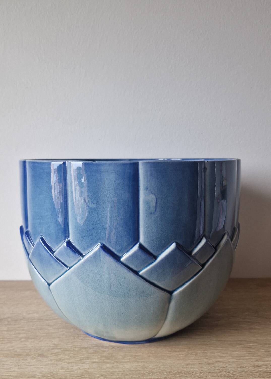 Large blue Art Deco Sarreguemines flowerpot