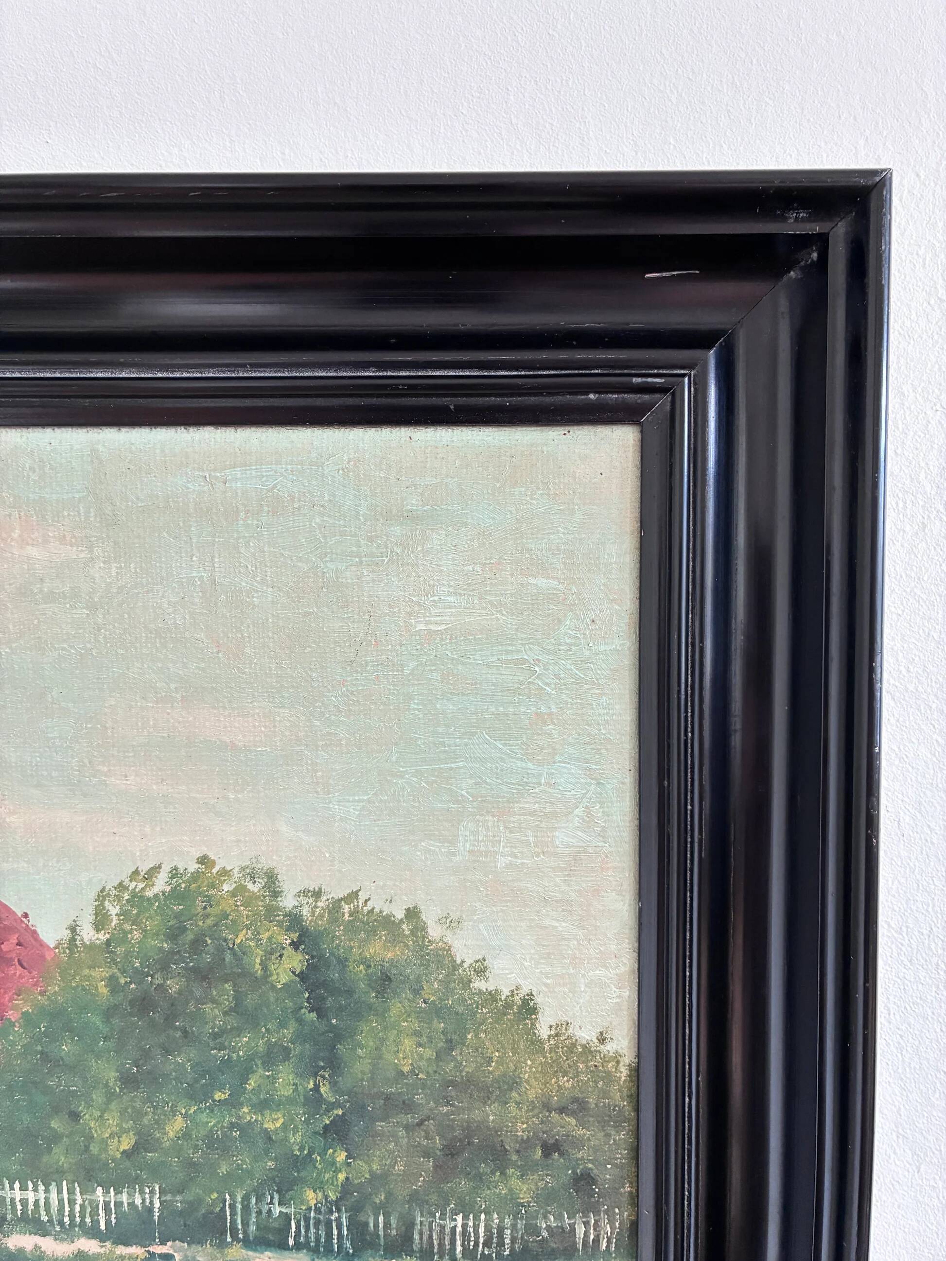 Vintage original landscape oil painting, signed farmhouse art