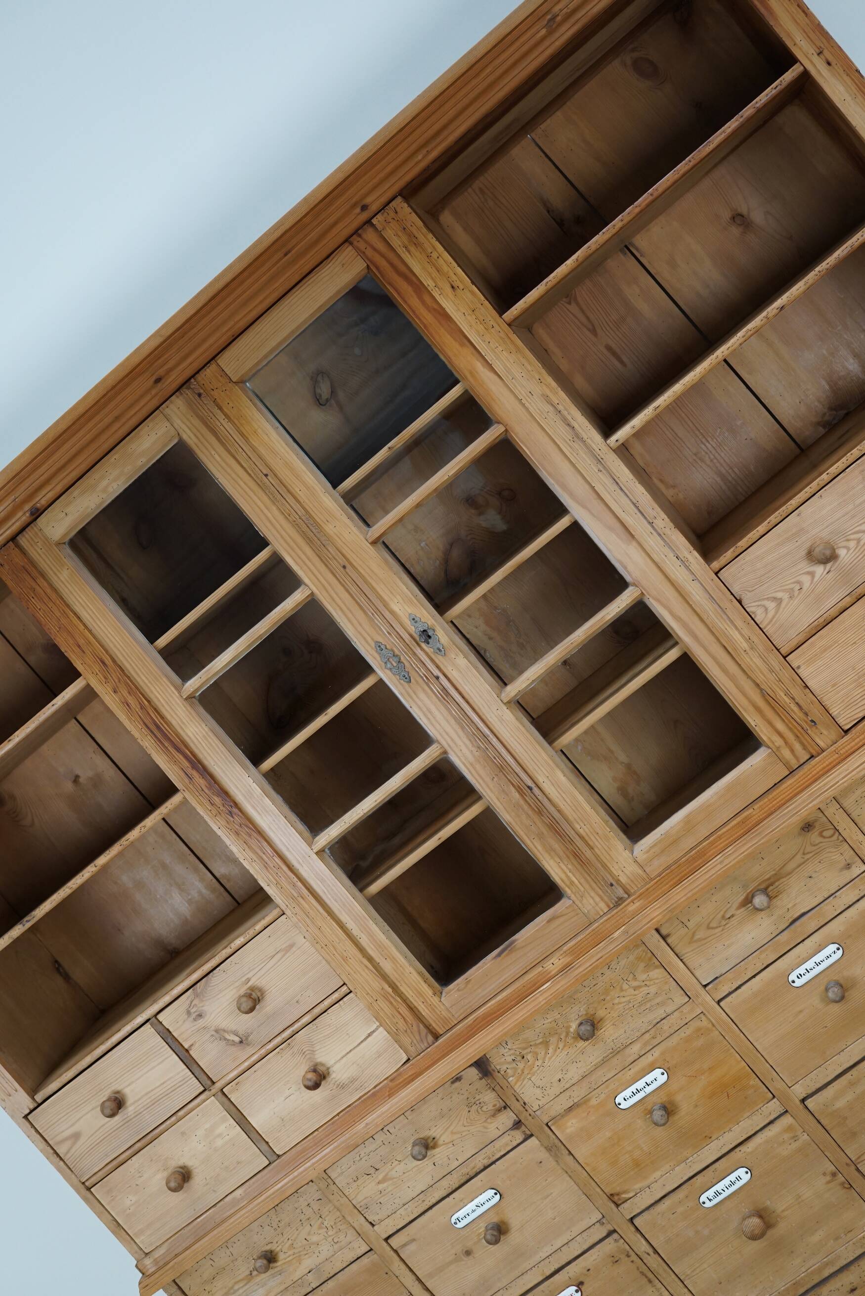 Large antique German pine apothecary cabinet / vitrine early 20th century