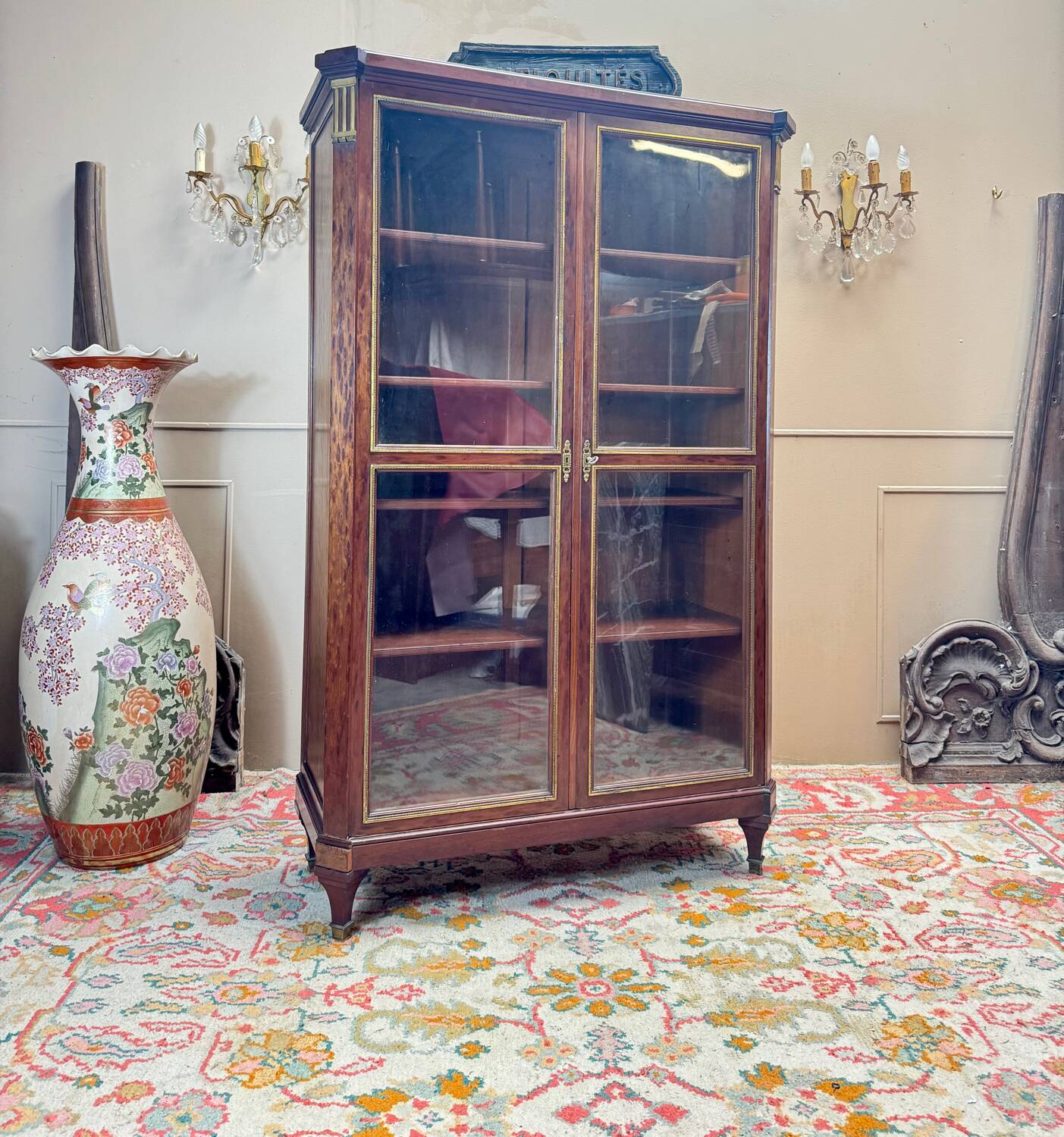 Library, mocheté mahogany display case in louis xvi style 19th century