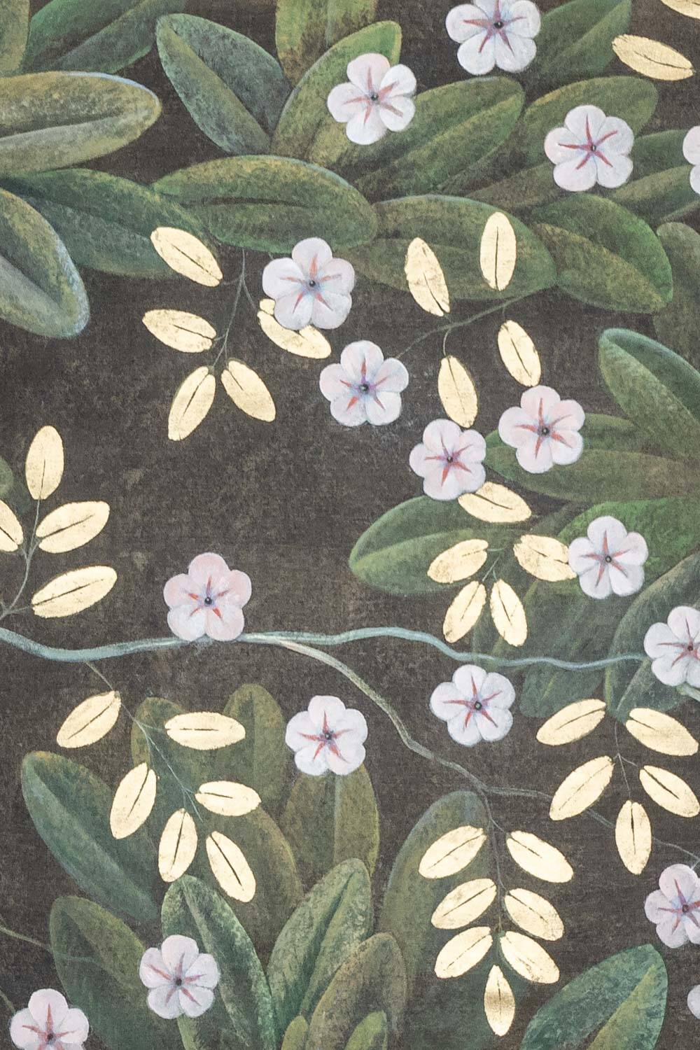 Painted canvas depicting flowers and birds. Contemporary work.