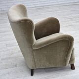 1960s, Danish armchair, green furniture velour, oak wood legs.