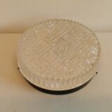 Ceiling light, in dark metallic paint with thick glass shade with beautiful details in the glass.