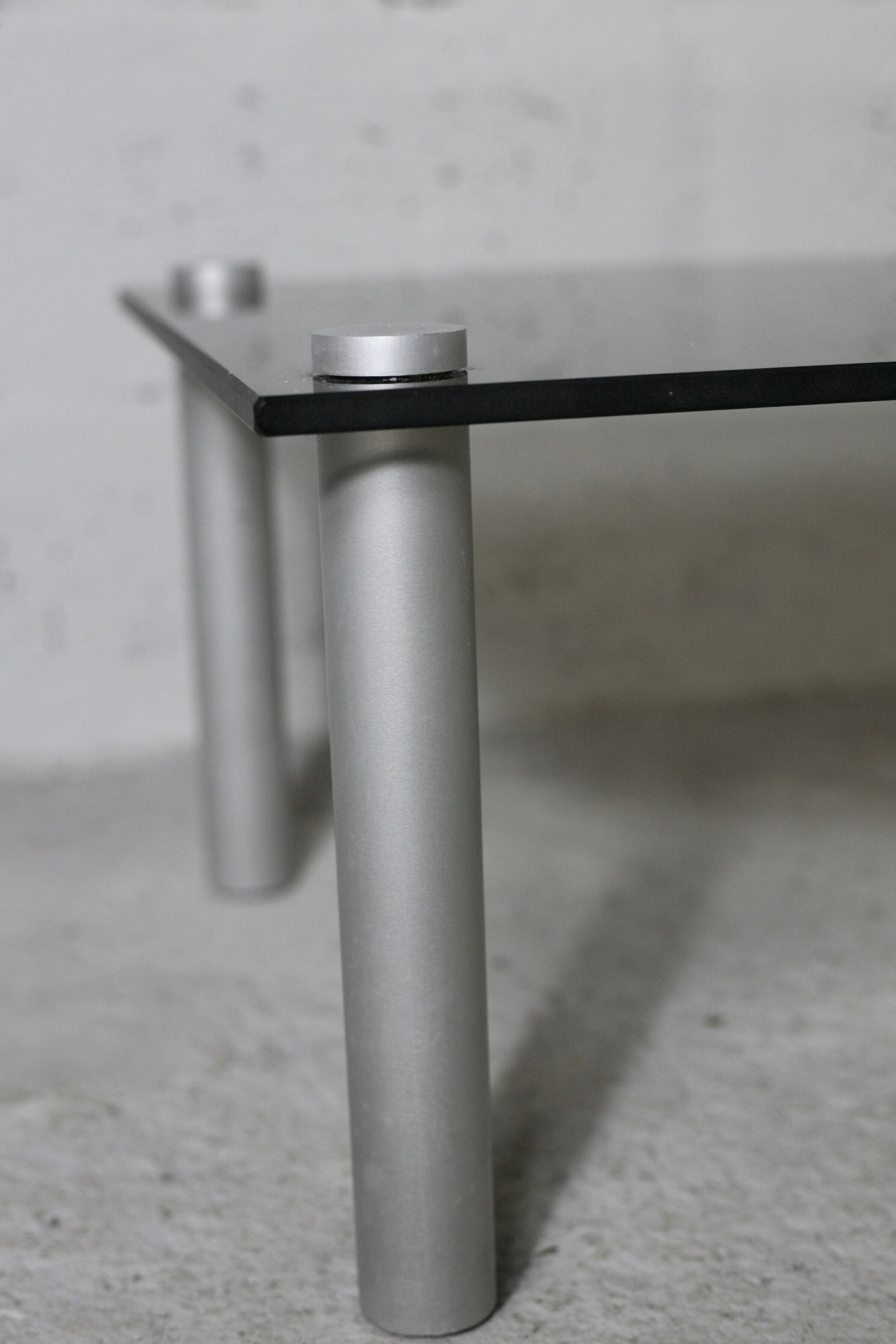 Coffee table cylindrical footings, tray smoked glass, circa 1970