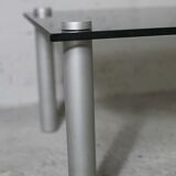 Coffee table cylindrical footings, tray smoked glass, circa 1970