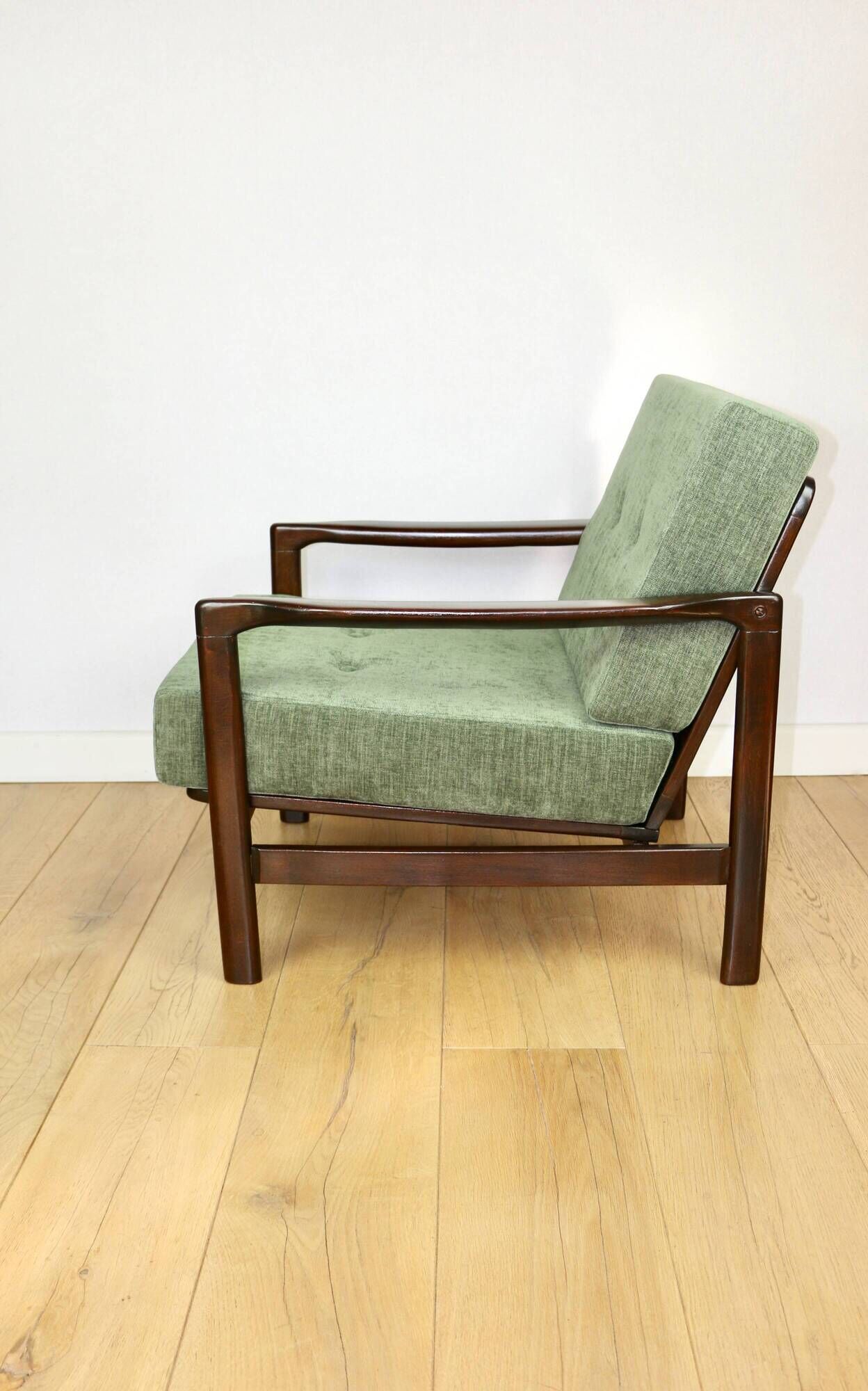 Vintage brown wooden armchair green-olive jeans design by Z. Bączyk - 2 pieces available