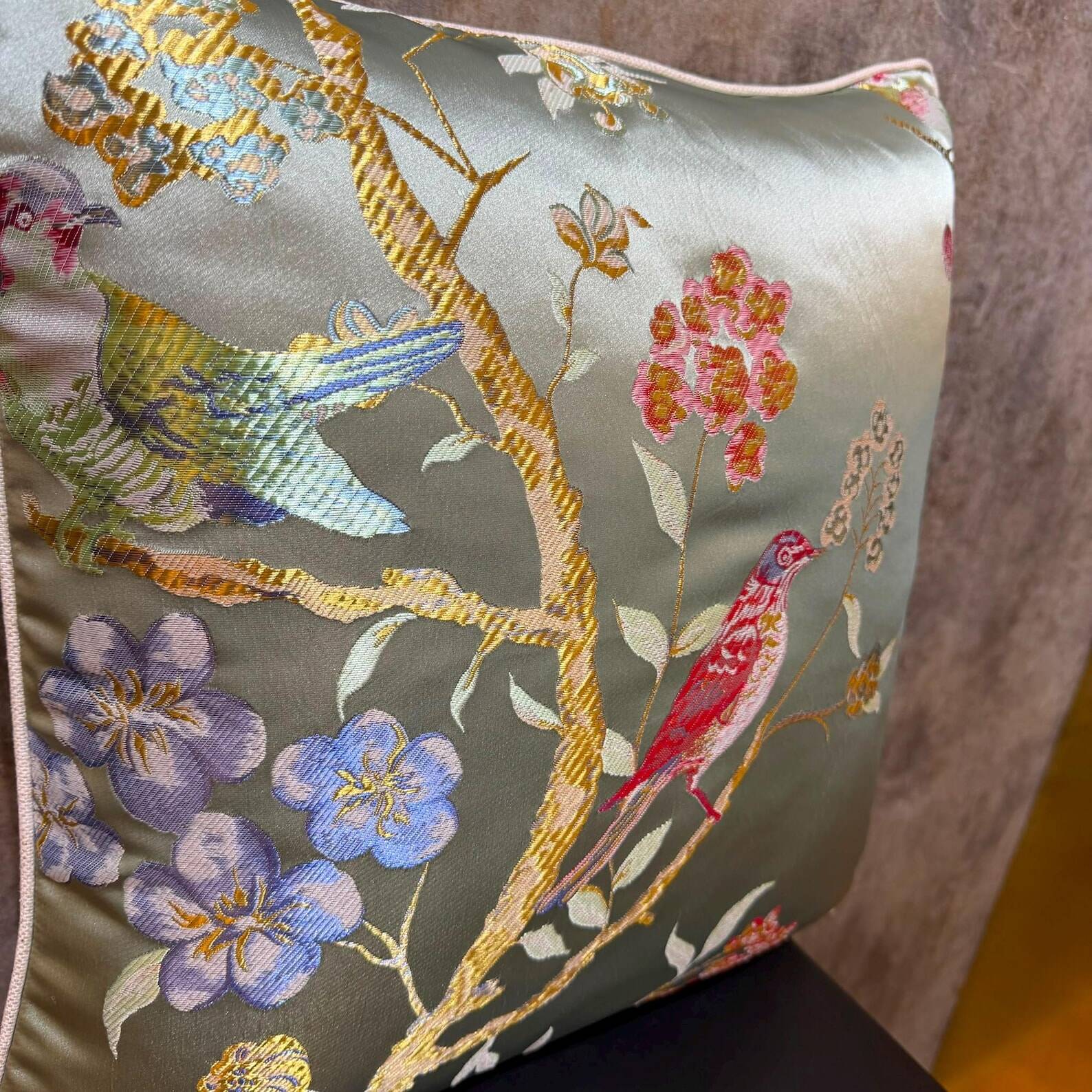 Chinoiserie Bird Cushion Cover, Cream Piped Silk Botanical Pillow
