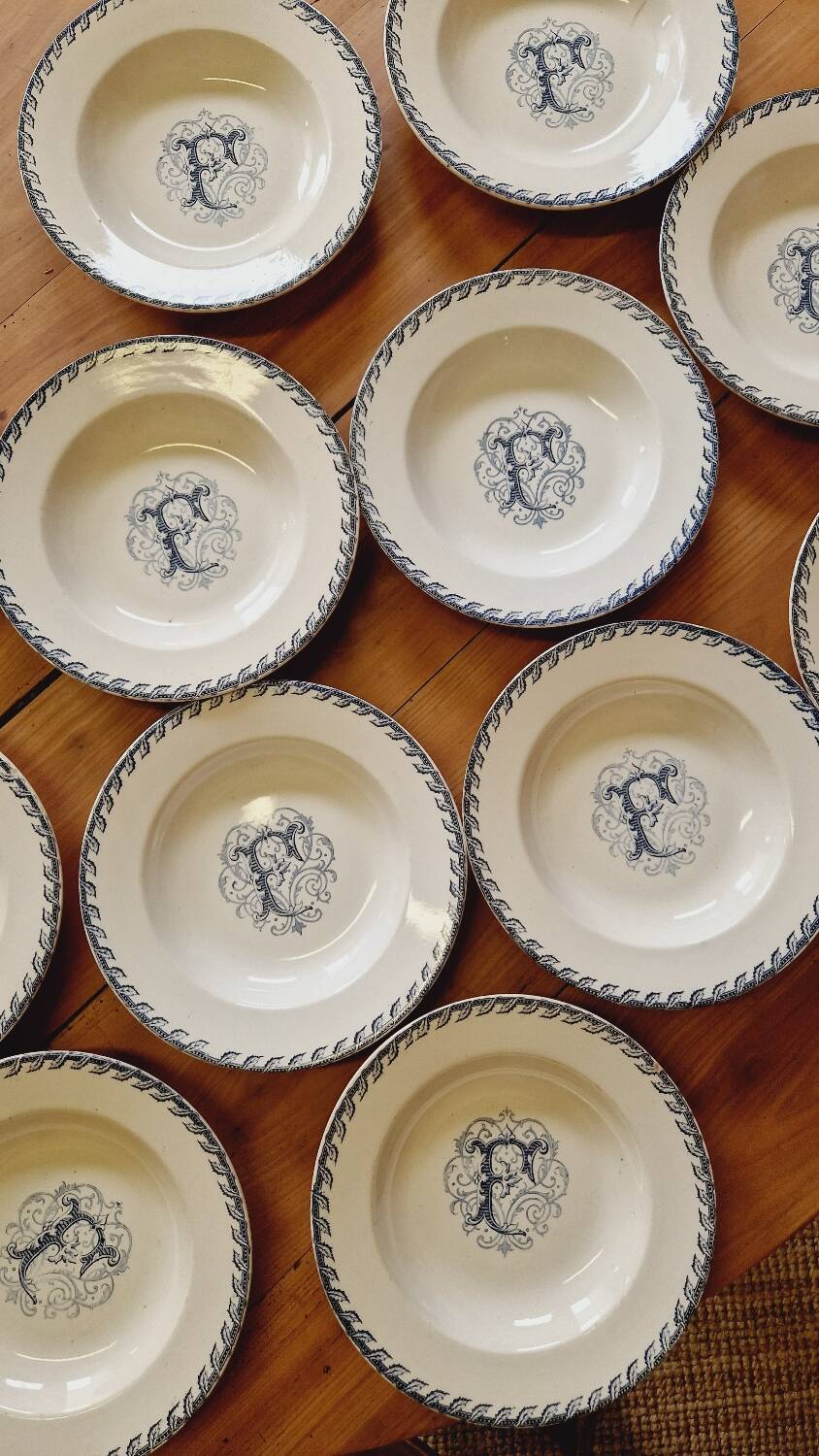 12 Luneville K&G soup plates, letter F