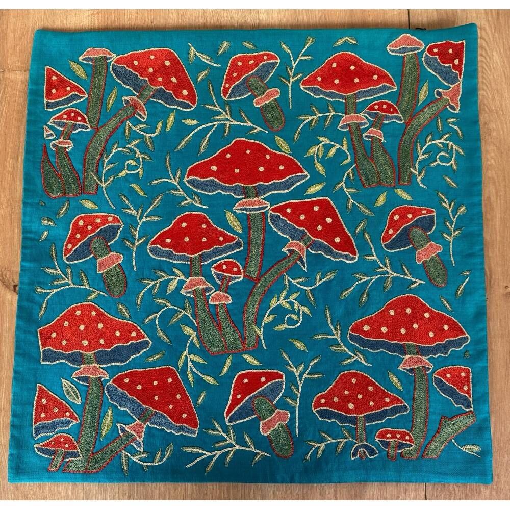 Silk Embroidered Mushroom Pattern Cushion Cover. Blue Throw Pillow Case. Traditional Accent Pillow