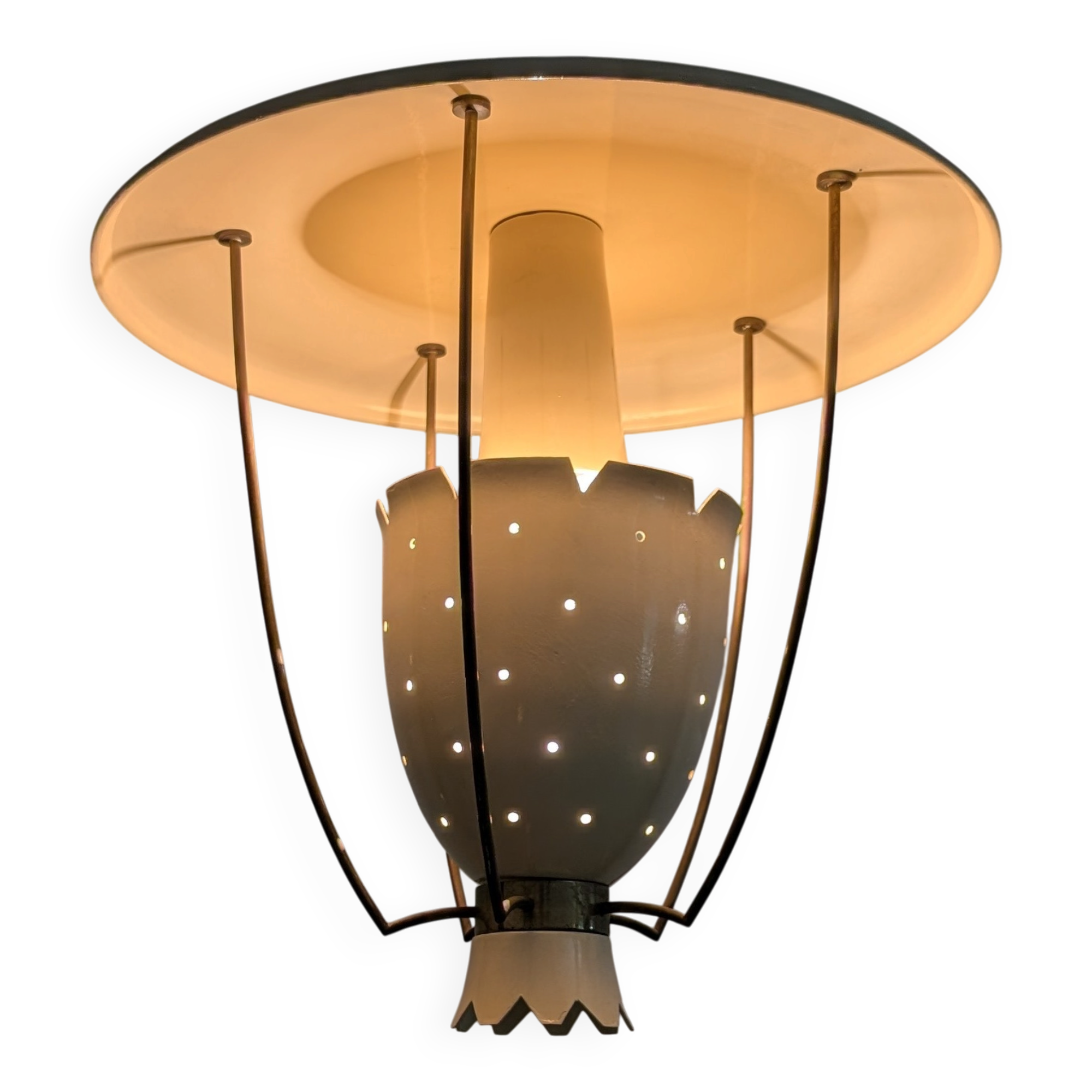 Perforated metal pendant lamp with brass details, Italy, 1940s