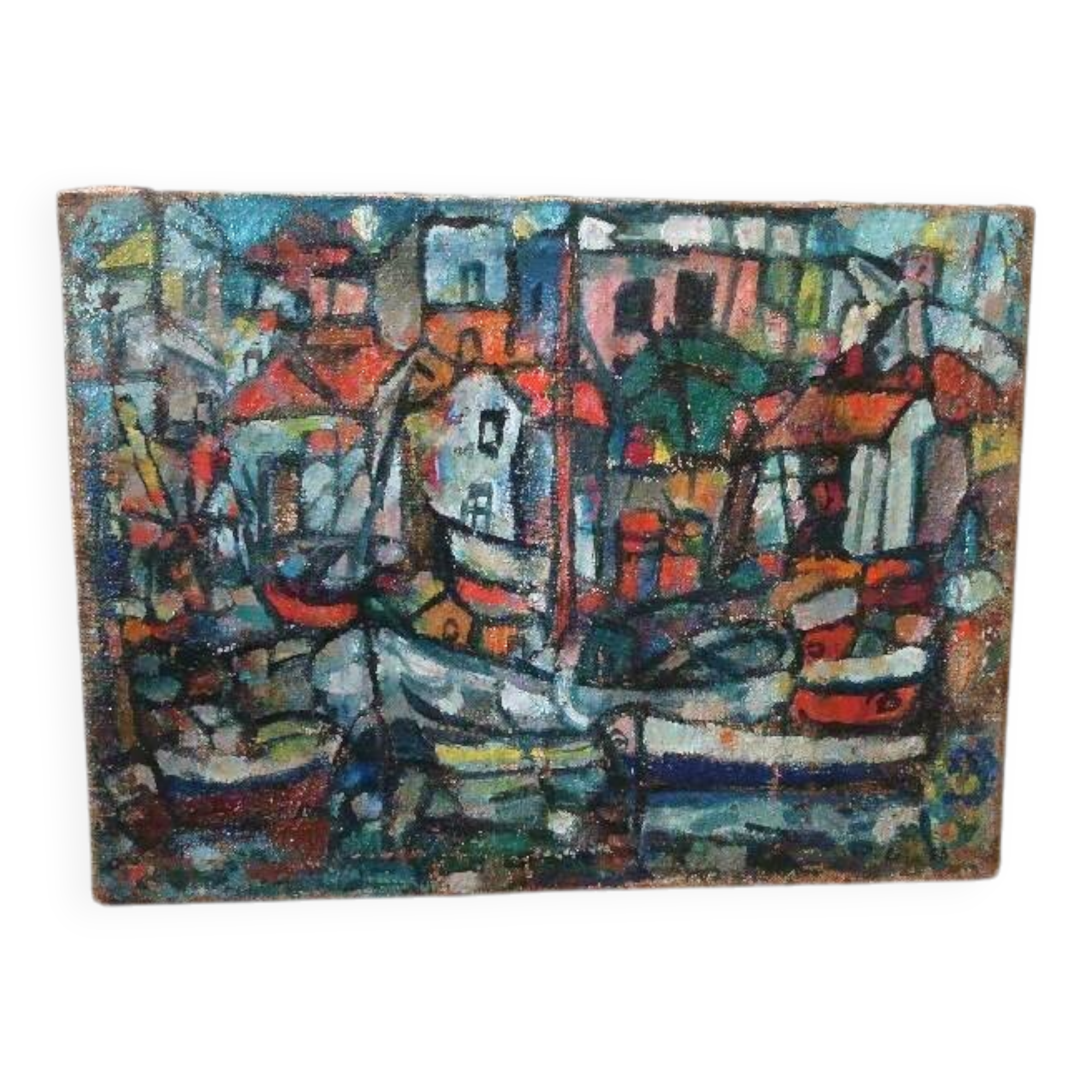 Oil on canvas by Ferruccio Ferri - 1953 - "Boats of Syracuse" expressionist period of Syracuse.